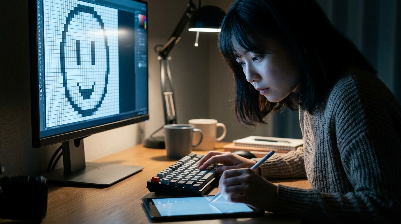 深夜の作業机、手元にタブレットとキーボード、モニターにドット絵のグリッドが拡大表示されている、ブルーライトの薄明かり、集中した静けさ