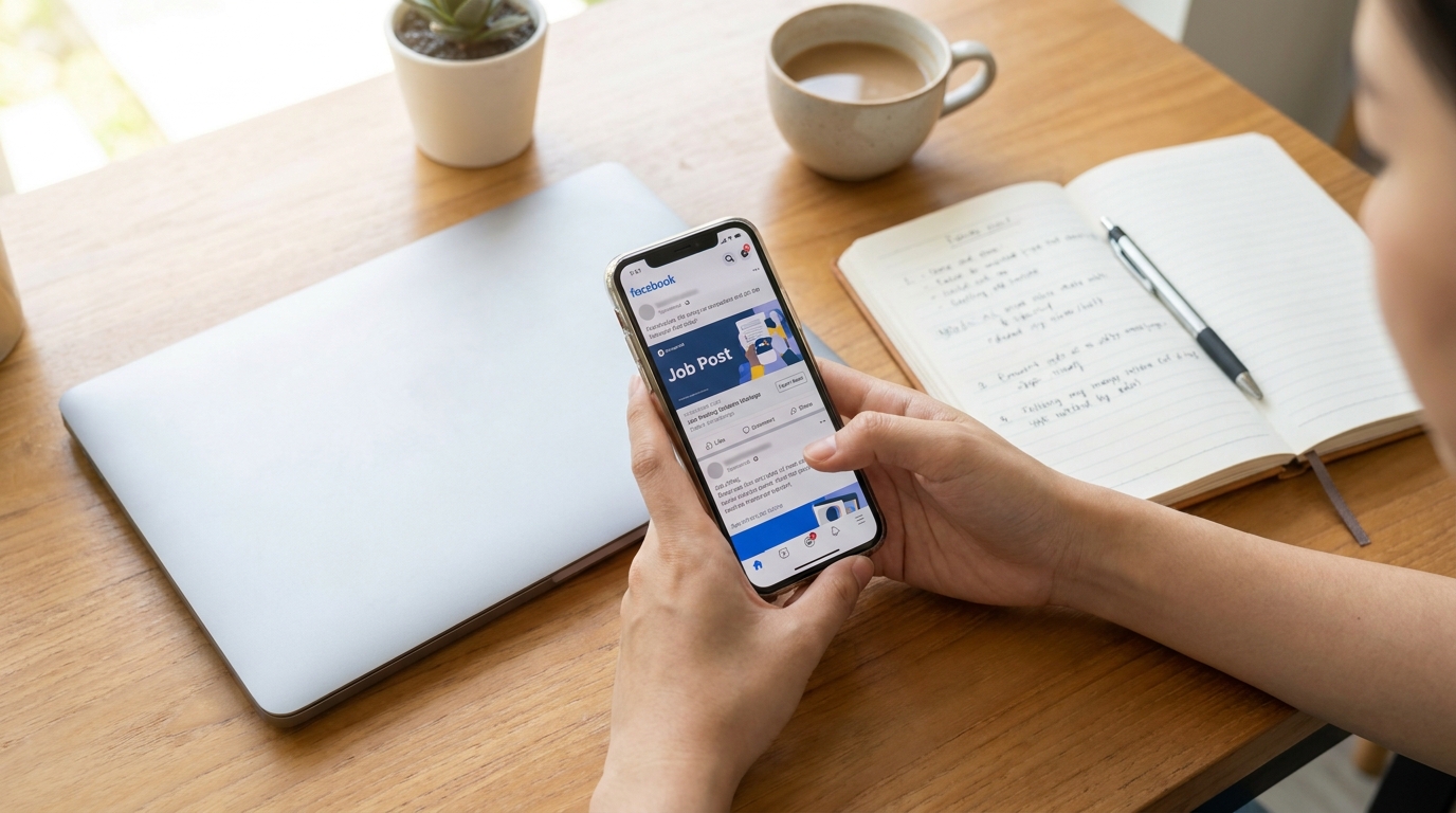スマートフォンでSNSを眺めながら求人情報をスクロールしている20代の求職者。カフェの自然光の中、カジュアルな雰囲気