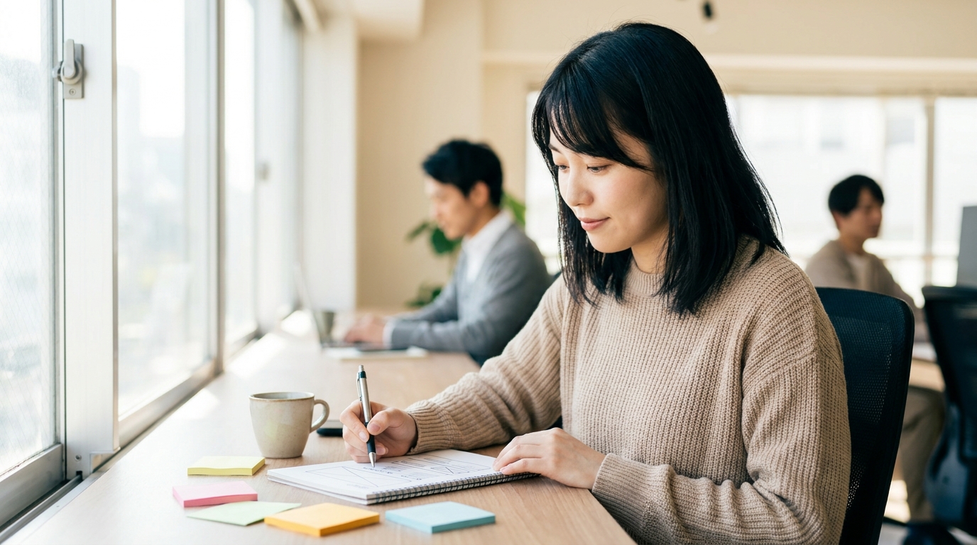 ノートとペンを手に、採用サイトのワイヤーフレームを描いている担当者。デスクの上にはコーヒーカップと複数のポストイット。朝の自然光が差し込む静かな作業シーン