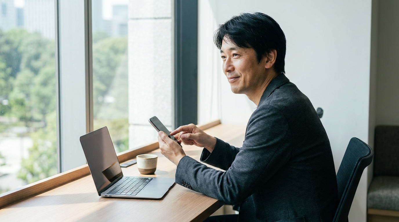 スマートフォンでSNSを閲覧し、リンクをタップしてECサイトに着地する場面。デスクに置かれた端末、自然光の静かなオフィス環境