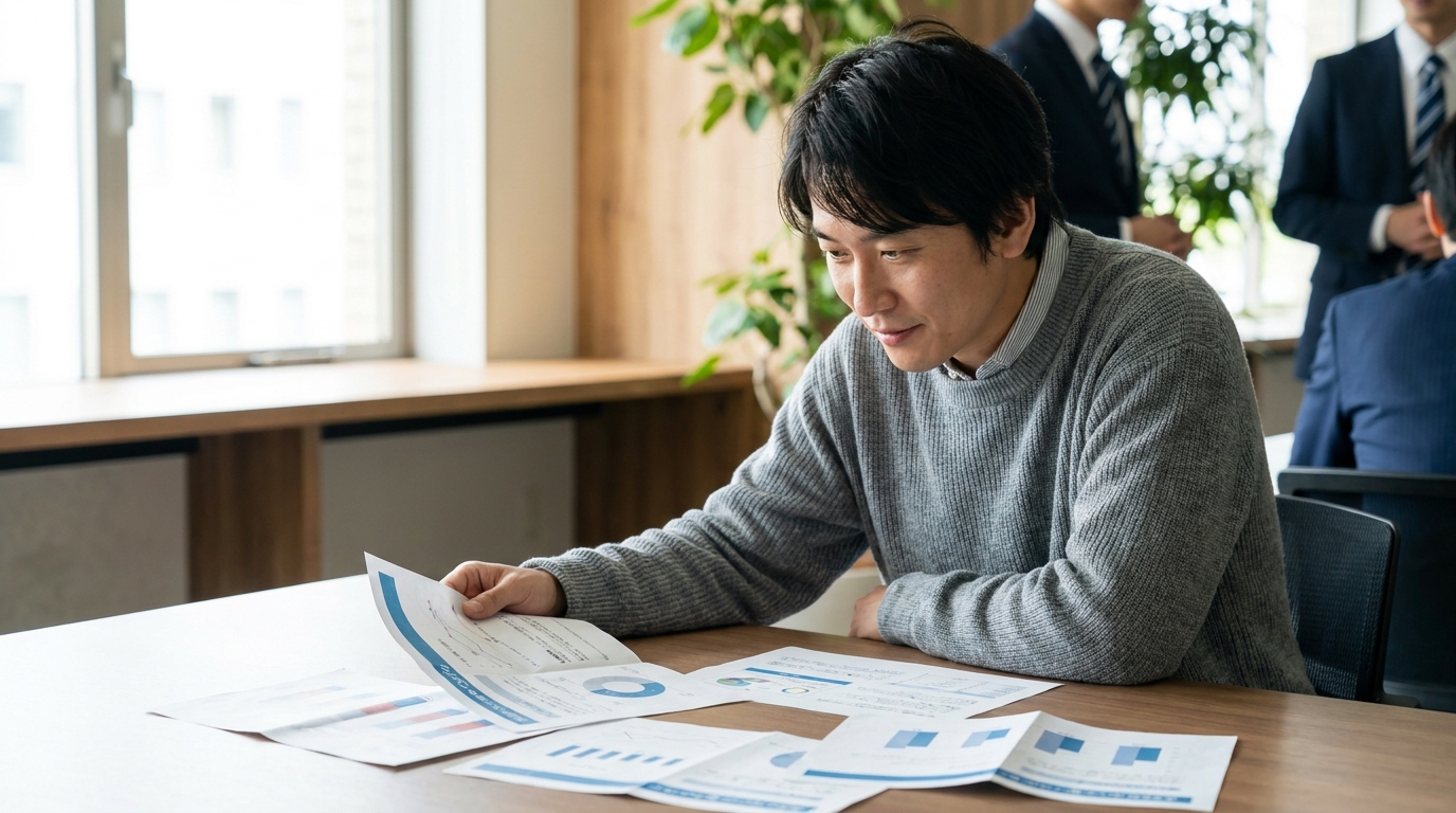 会議室で複数の見積書を並べて検討している担当者。書類が広げられたテーブル、落ち着いた照明、集中した表情