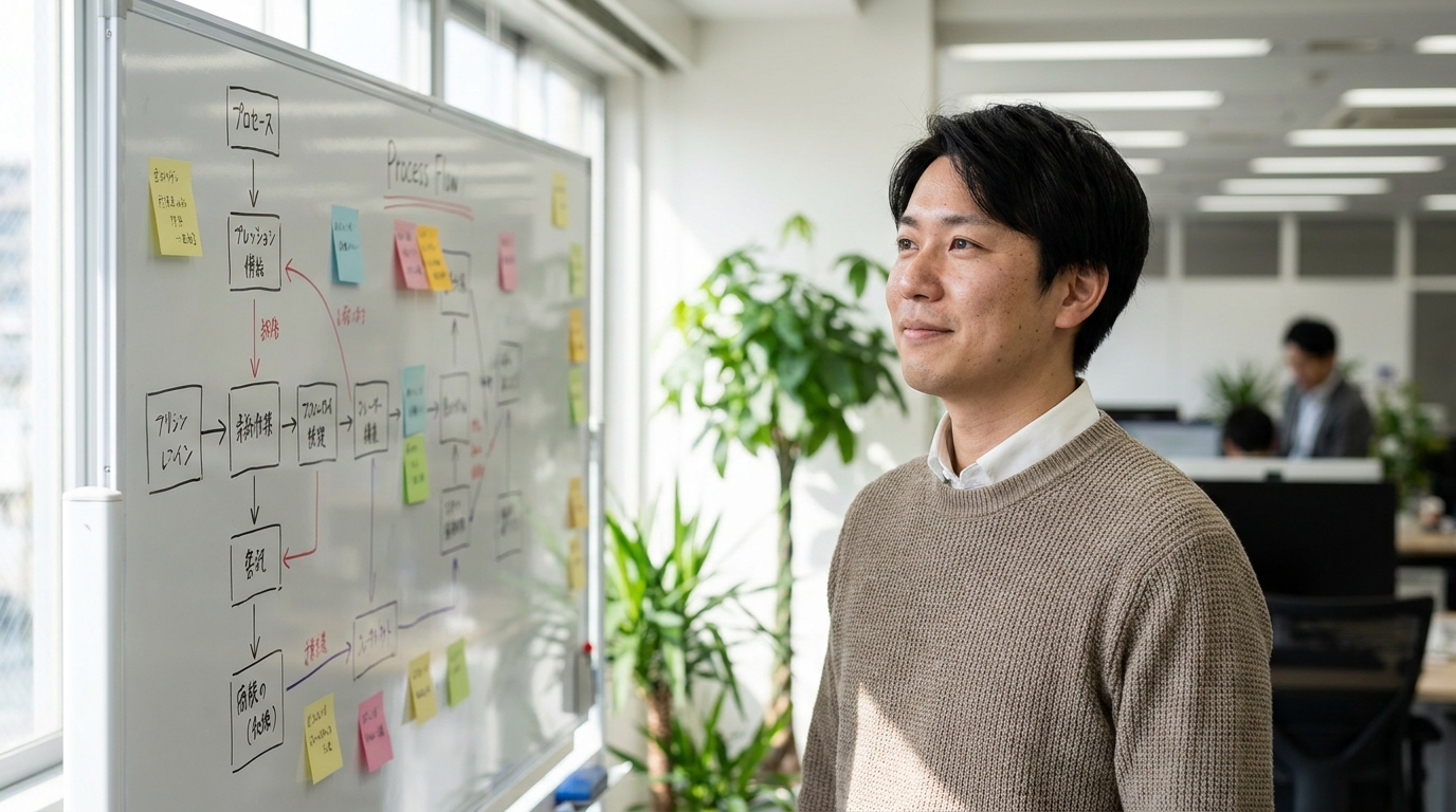 手書きの工程表や付箋が貼られたホワイトボード。作業の流れが可視化されている現場の雰囲気