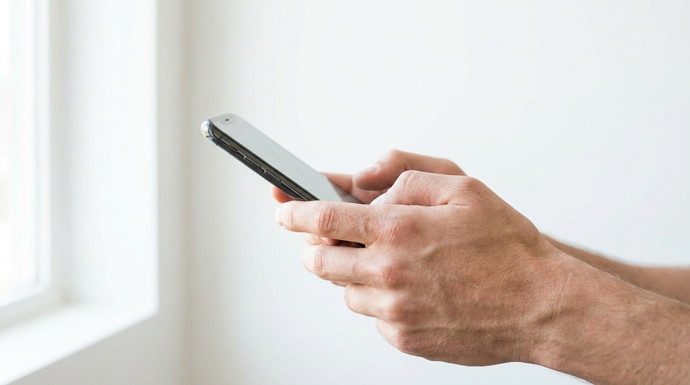 スマートフォンを手に持ち、画面が読み込まれるのを待っている人の手元・白背景・自然光