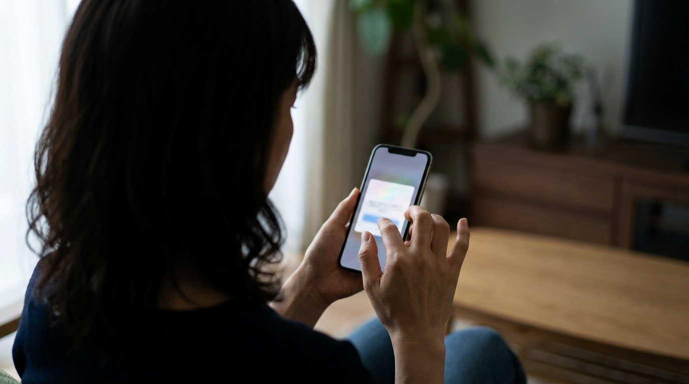 スマートフォンの画面にポップアップが表示されている・やや暗い背景・操作しようとしている手