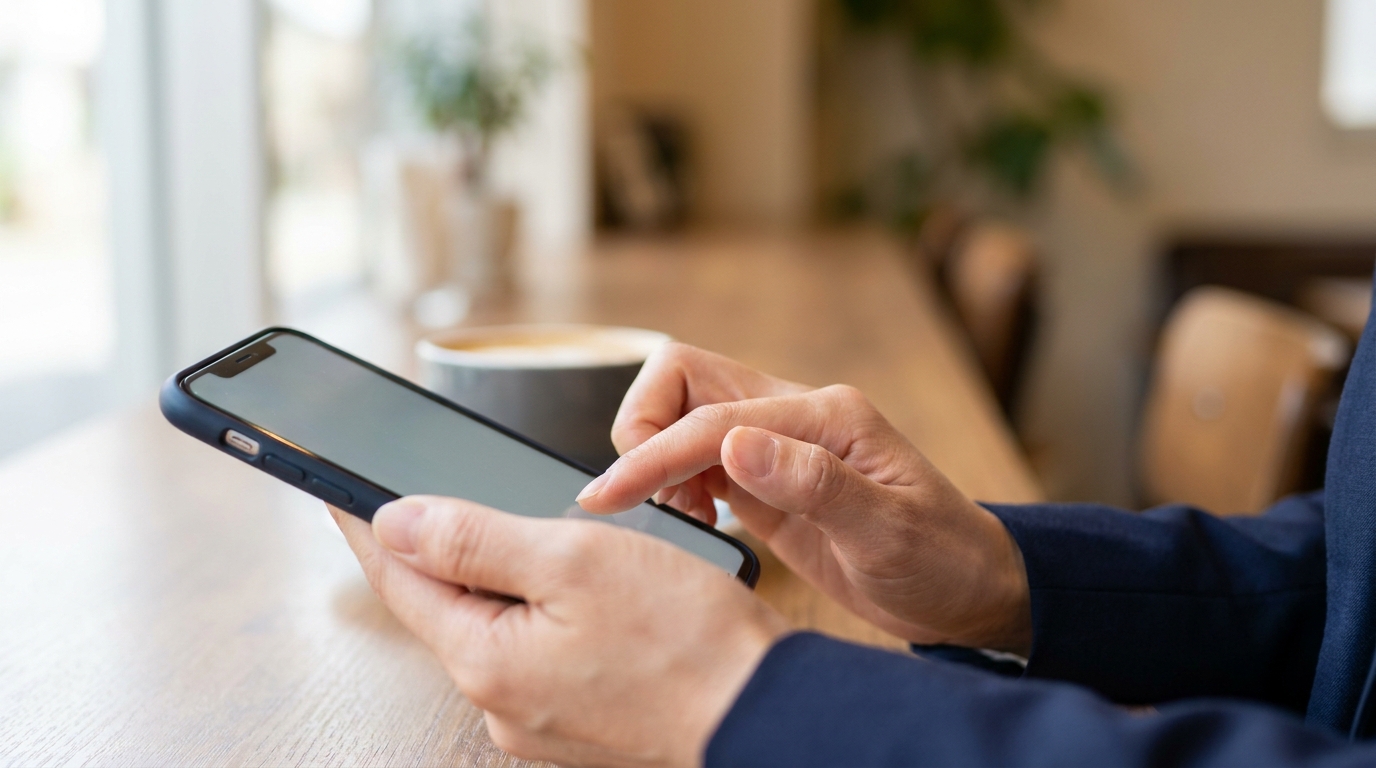 スマートフォンでAI検索を使う30代のビジネスパーソン。カフェのテーブルで、検索結果を真剣に読んでいる様子。自然光、清潔感のある空間