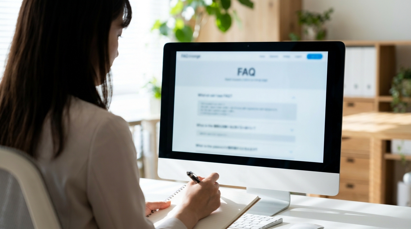 FAQページが表示されたパソコン画面を前に、ビジネスパーソンがメモを取りながら確認している様子。整理された明るいオフィス環境