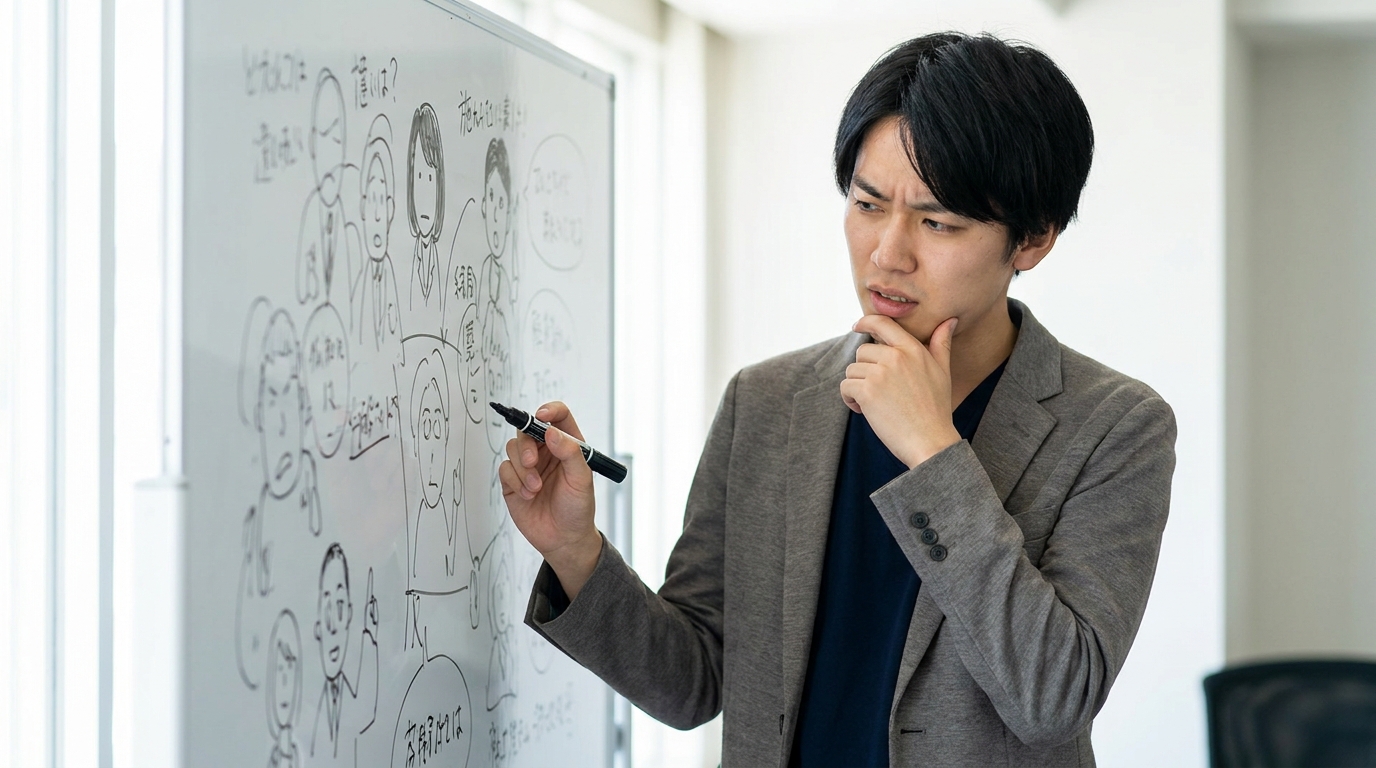 会議室のホワイトボードに複数のペルソナ像が書かれているが、すべてが重なり合って見えにくくなっている。マーカーを持つ担当者が困り顔で立っている