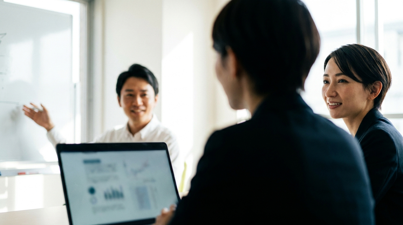 会議室でノートPCとホワイトボードを囲みながら話し合う2人のビジネスパーソン / 自然光 / 信頼の積み重なる対話の雰囲気