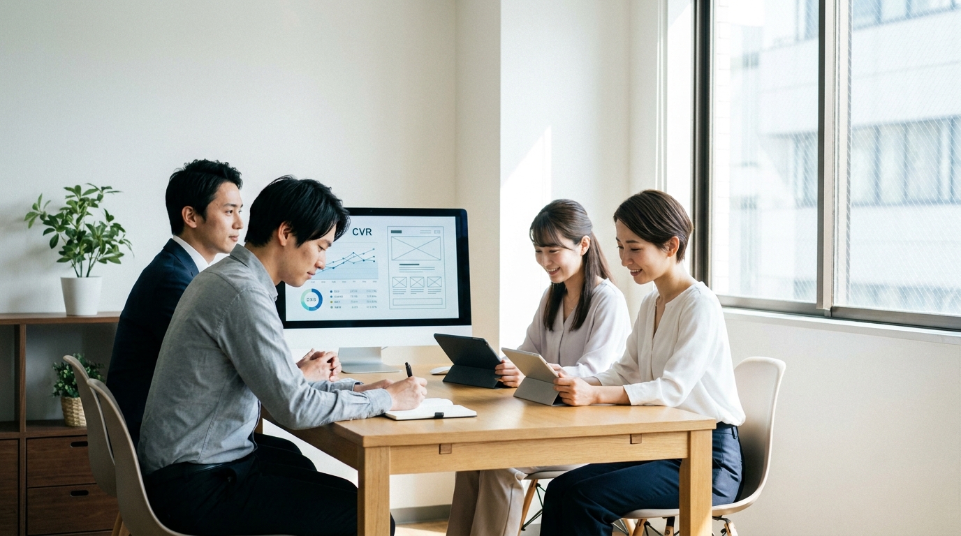 デスクで複数のLP画面を見比べながらメモを取るWebマーケティング担当者。モニター画面にCVRグラフと構成ワイヤーフレームが映し出されている、集中感のある職場シーン