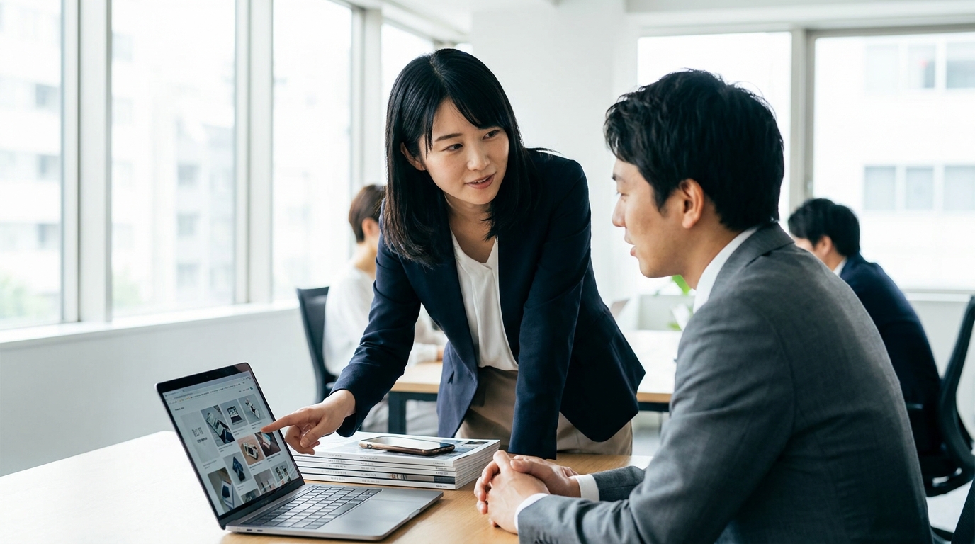 制作会社の担当者がクライアントにポートフォリオを見せながらヒアリングしているオフィスシーン。資料の上にスマートフォンを置いてモバイル表示を確認している