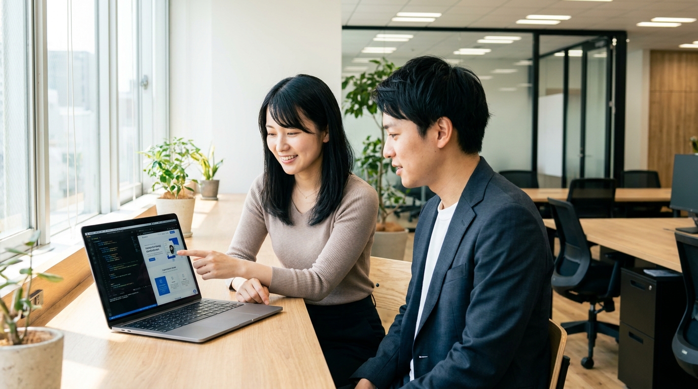 デザイナーとエンジニアが横並びで座り、パソコンとスマートフォンを使ってLPの表示確認を行っている。画面にはコードエディタと完成デザインが並んでいる