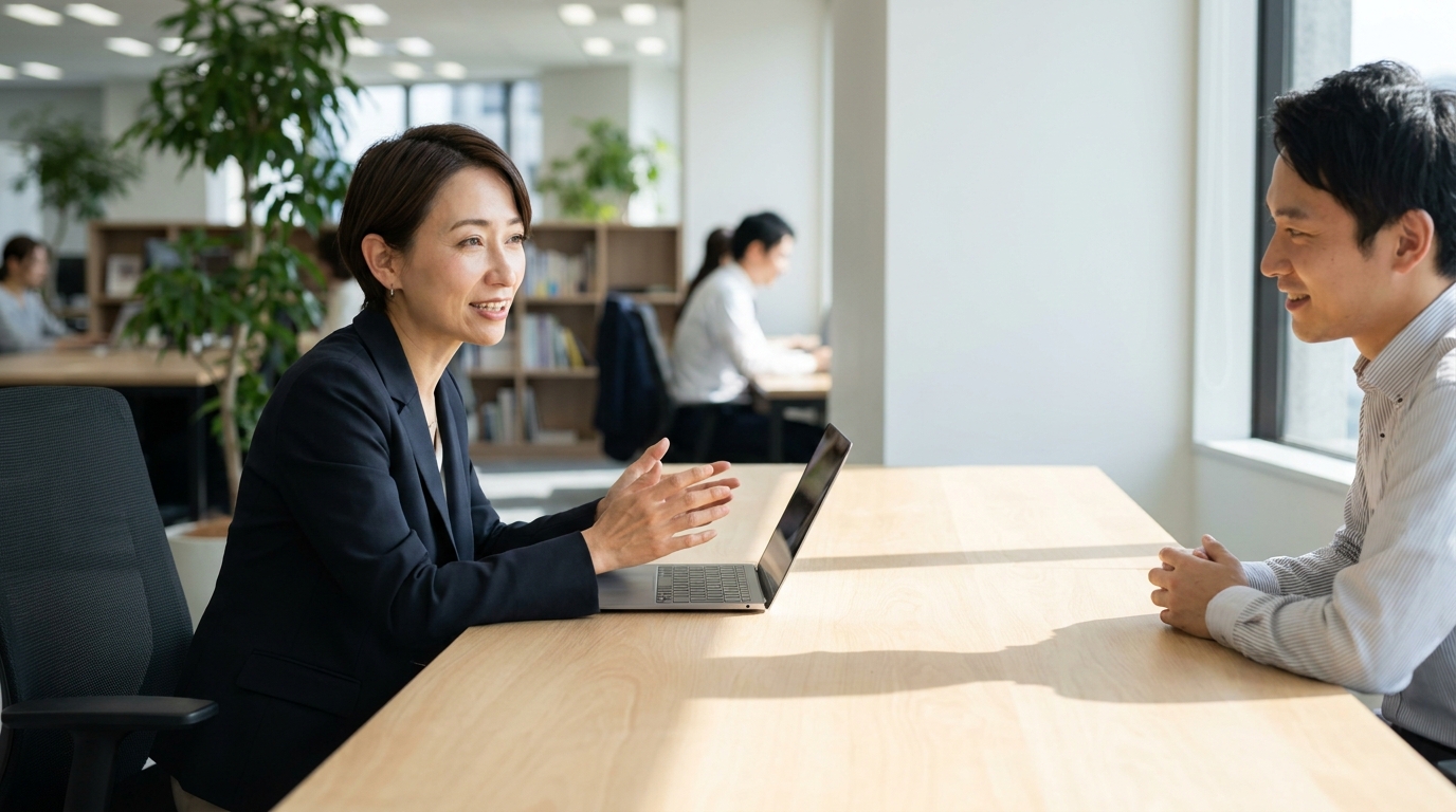 経営者がデスクで自社サイトを眺めながら考え込んでいる様子。モダンなオフィス、夕方の柔らかい照明