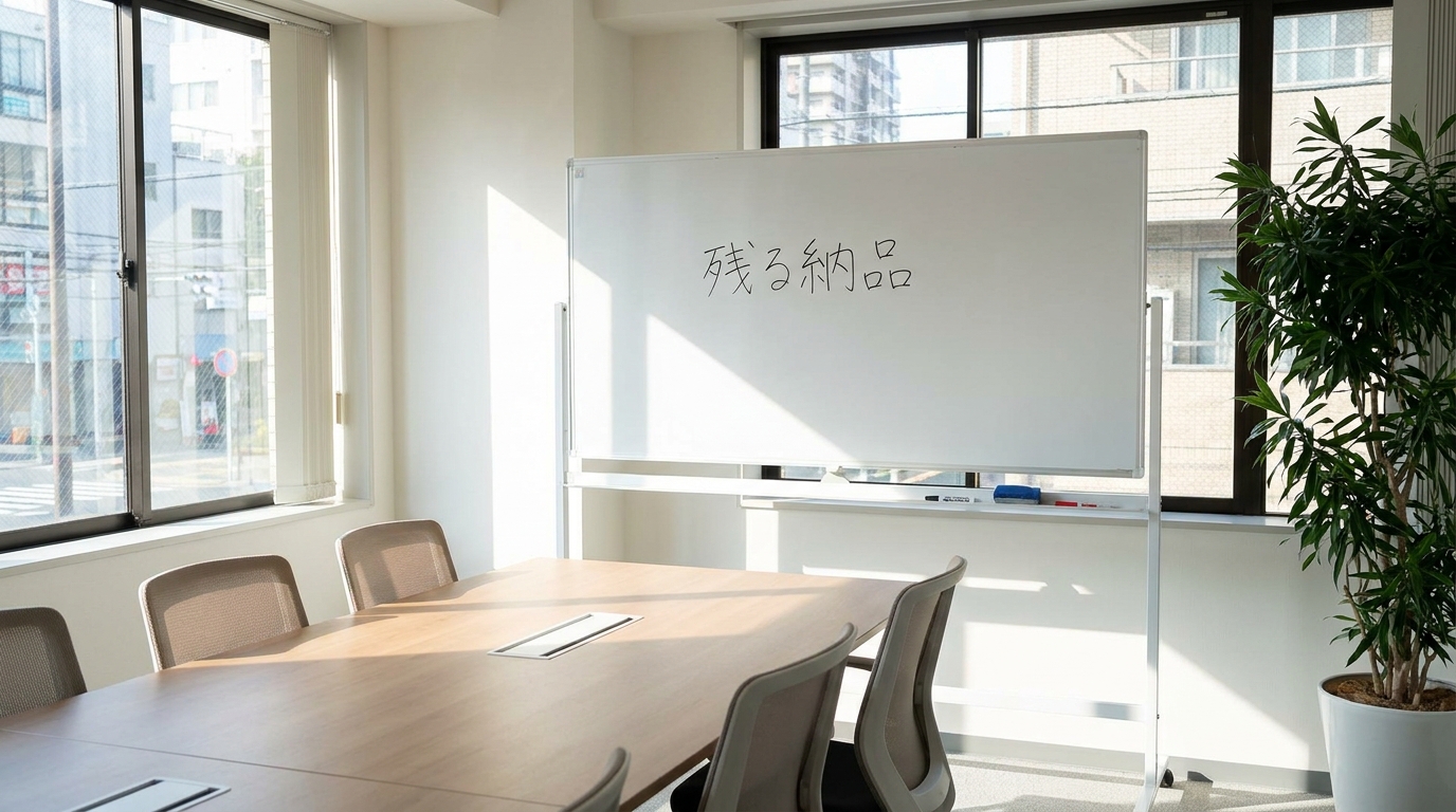 会議室のホワイトボードに「残る納品」と書かれた無人のシーン。朝の自然光、清潔感のある空間