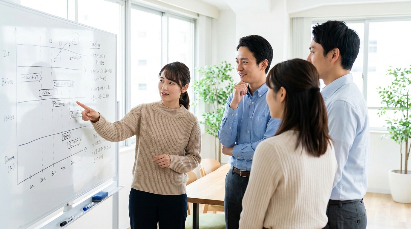 ホワイトボードに一覧表が書かれており、担当者が確認している様子。会議室の自然な作業シーン