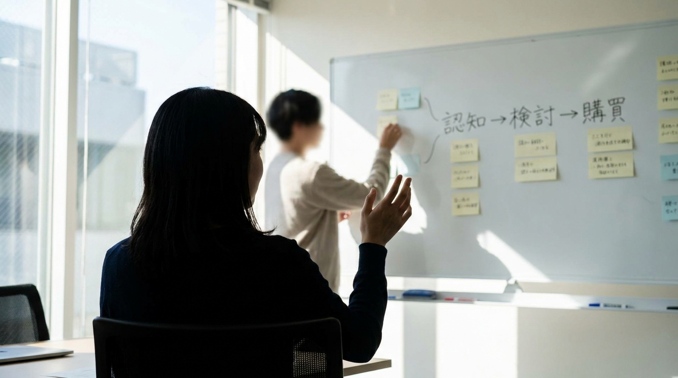 会議室のホワイトボードに「認知→検討→購買」のフローが描かれ、担当者が付箋を並べながらLP構成を議論している様子。午前中の自然光が差し込む落ち着いた雰囲気