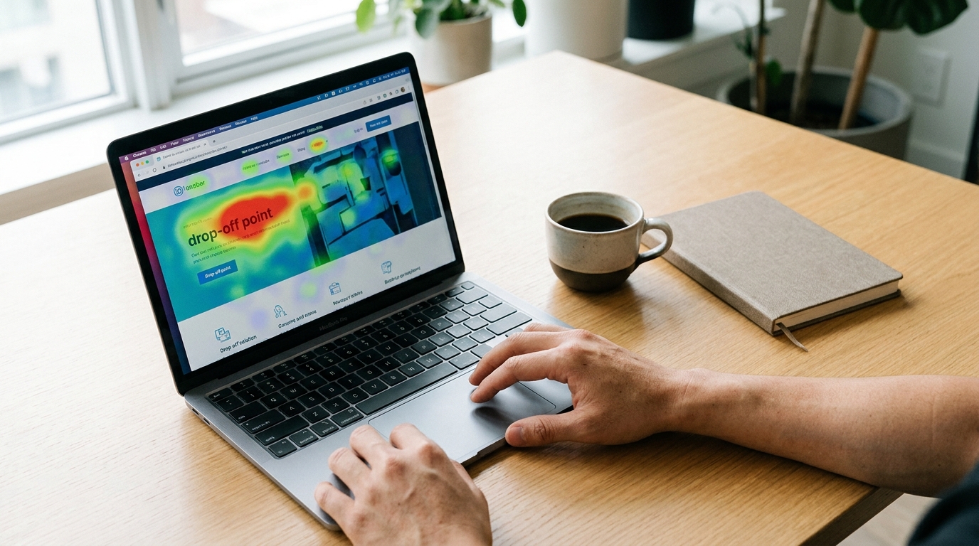 ノートパソコンの画面にLPのヒートマップが表示され、離脱ポイントが赤くハイライトされている様子。デスク上にコーヒーカップ、静かなオフィス環境