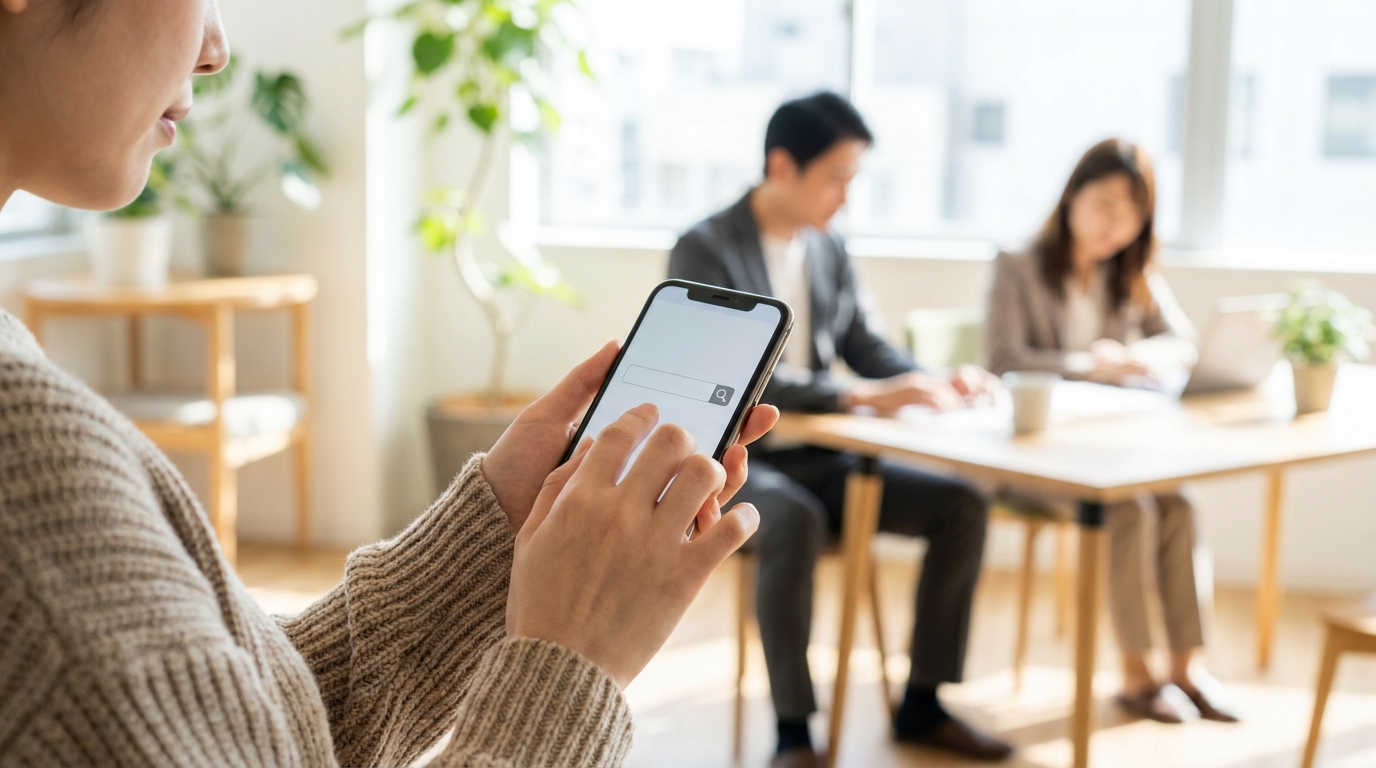 スマートフォンを手に持ち、検索画面を操作する手元のアップ。白を基調とした清潔感のある明るい自然光の場面