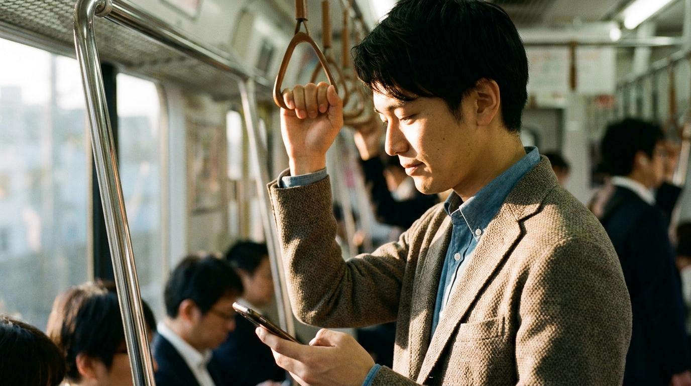 通勤電車の車内、吊り革につかまりながらスマートフォンで検索している人物のシルエット。夕方の斜光が差し込む落ち着いた雰囲気