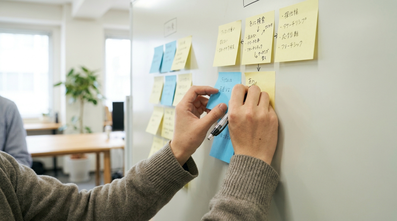 二種類の検索キーワードを付箋に書き分けて壁に整理している。分類作業の現場感、明るいオフィス