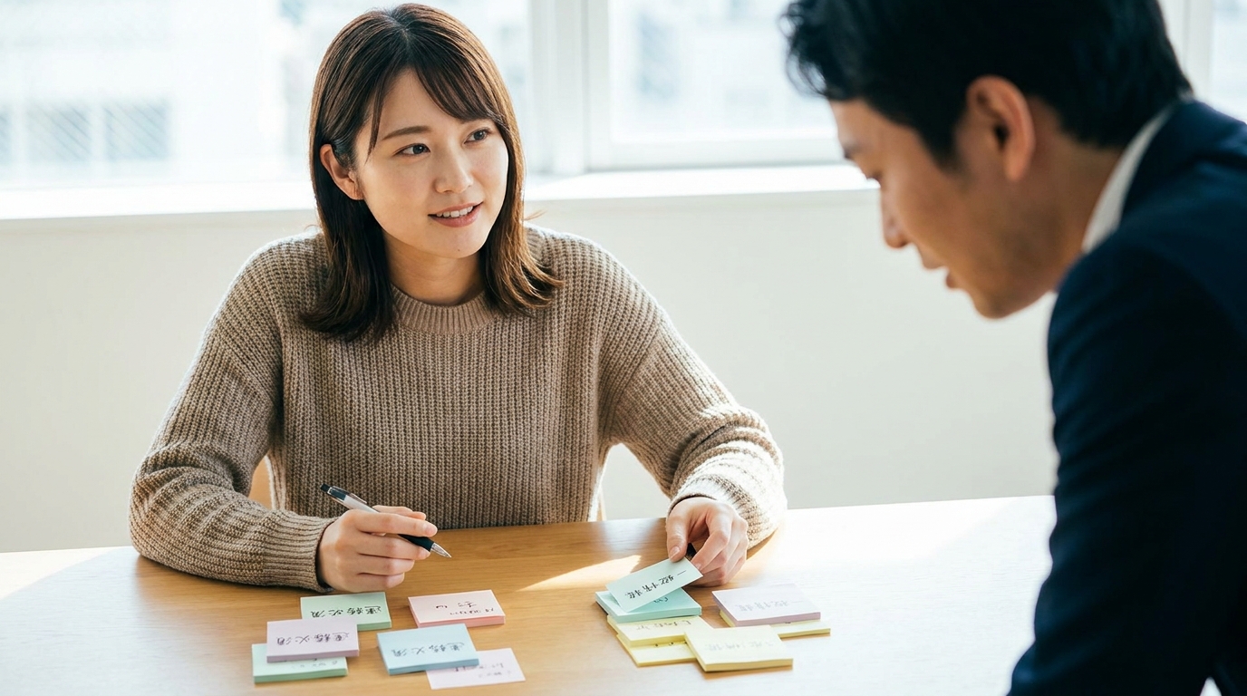 付箋に検索キーワードを書き出し、連絡必須と一般情報に仕分けている。テーブルを囲む2名の担当者