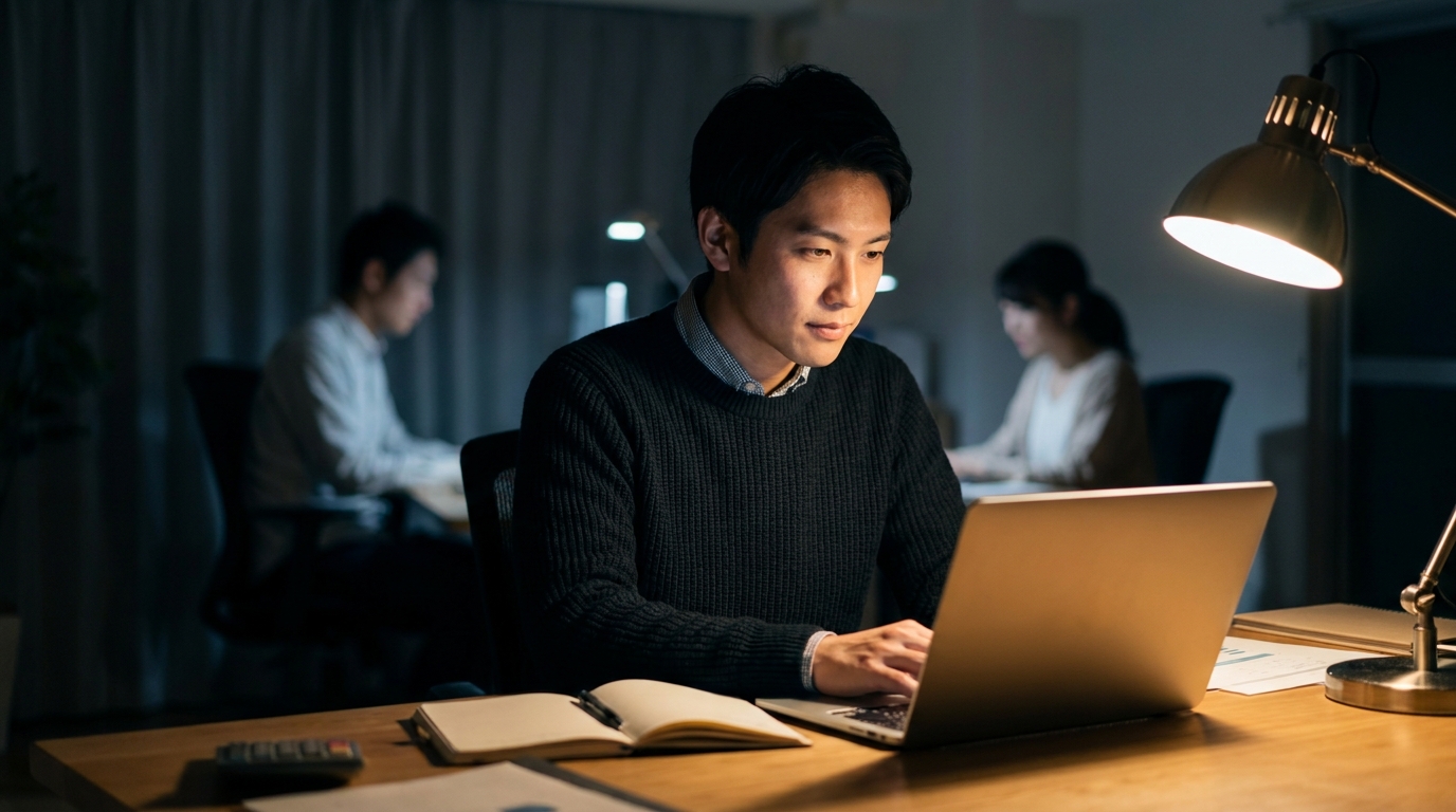 深夜、薄暗い部屋の作業机にノートPCとメモ帳、手元に照明、静寂と集中の雰囲気