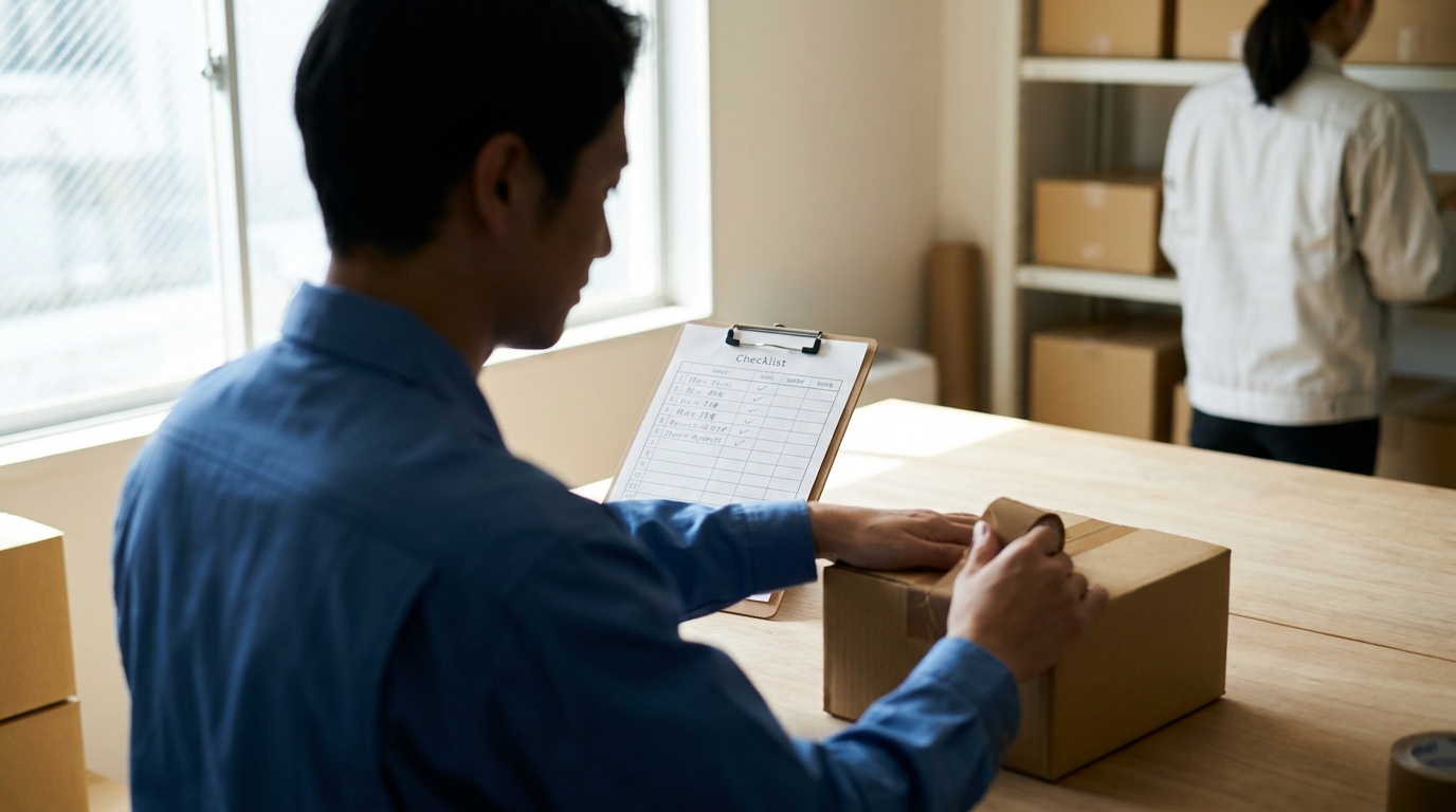 出荷現場の作業台、丁寧に梱包された荷物と確認リスト、手元のクローズアップ、穏やかな日中の光