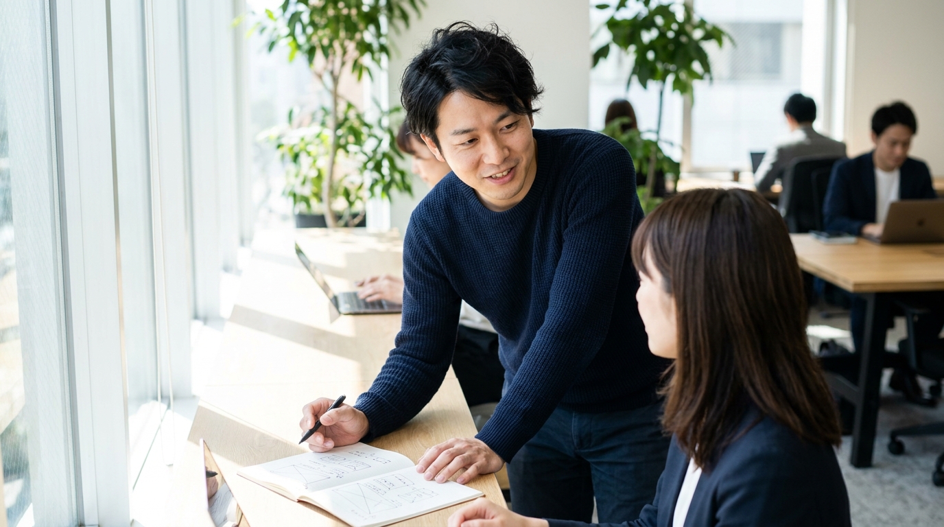 ノートとペンを広げ、サイトのワイヤーフレームを手書きしている様子。カフェの窓際、柔らかい午前の光の中で