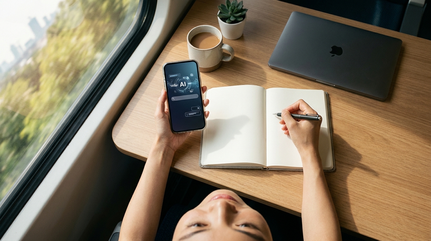 スマートフォンでAI検索の回答を読みながらメモを取っている、移動中のビジネスパーソン。電車の窓際、集中した表情