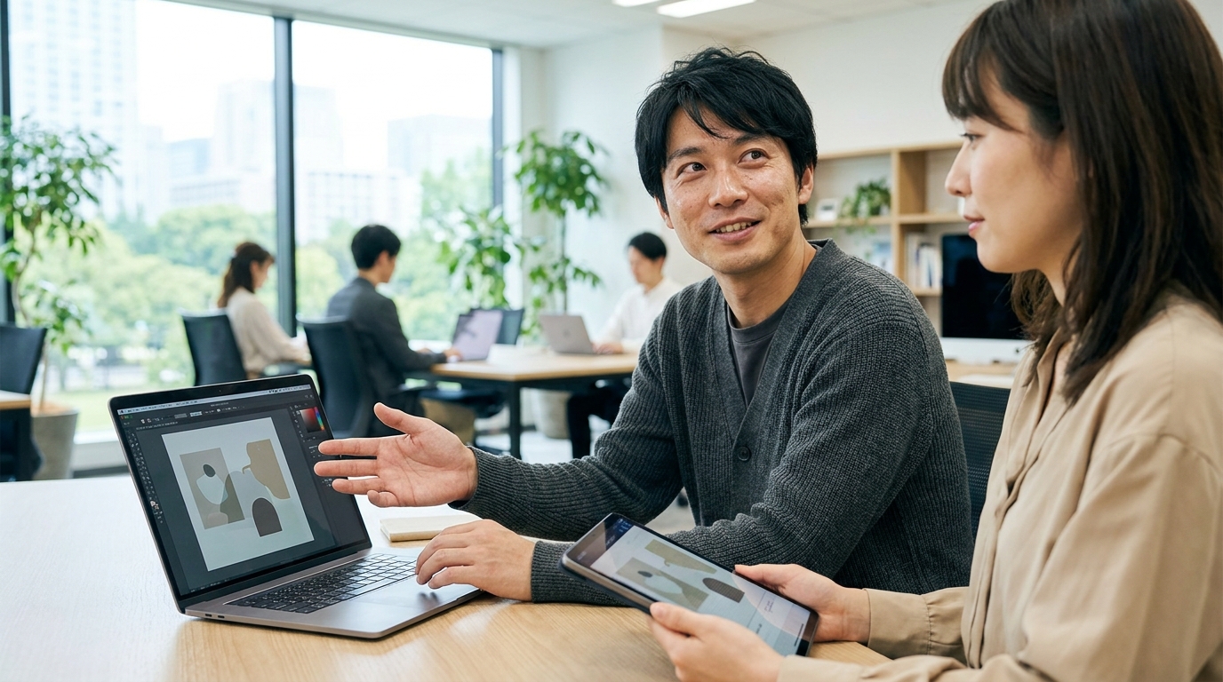 オフィスでPCの画面を前に、ECの担当者と制作担当者がバナー素材を確認している。両者が違う方向を向いている様子