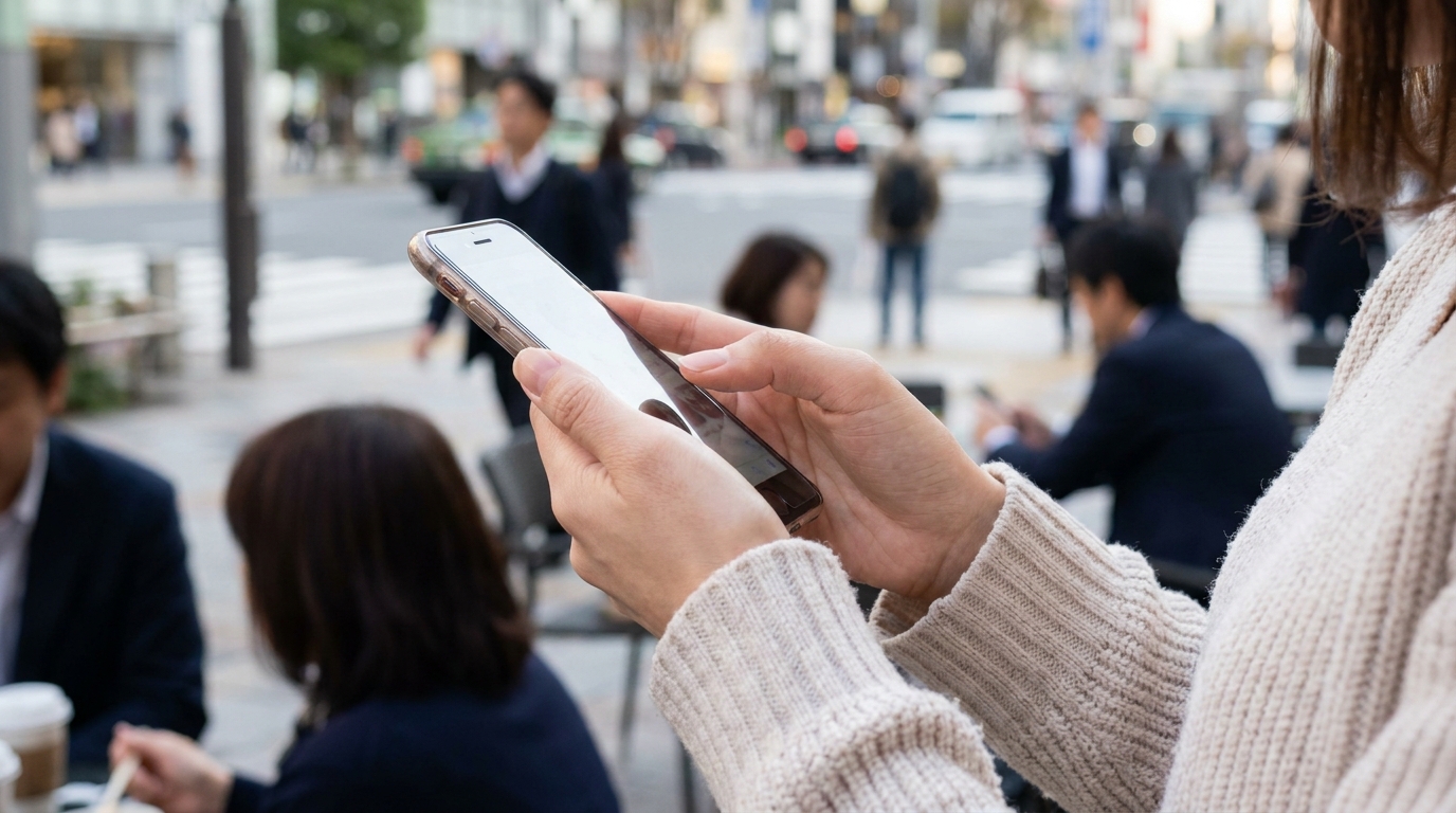 スマートフォンの画面を見る人物の手元、ページをスクロールする途中で止まった瞬間、都市の喧騒の中