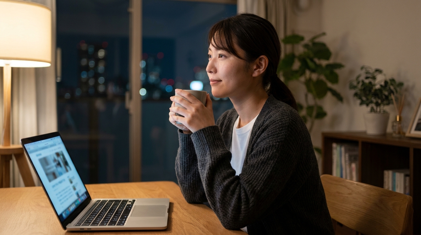 夜の静かなデスクでノートパソコンを開きながら自社サイトを見直している人物、内省的で落ち着いた光の雰囲気