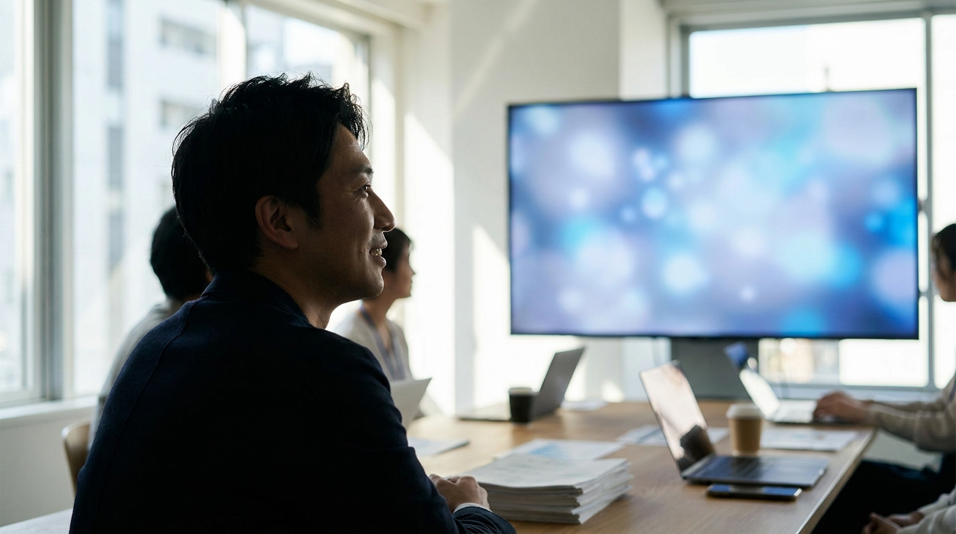 会議室で資料を広げる複数の人物。プロジェクターには企業サイトが映し出されており、営業担当は不在。自然光が入る静かなオフィス