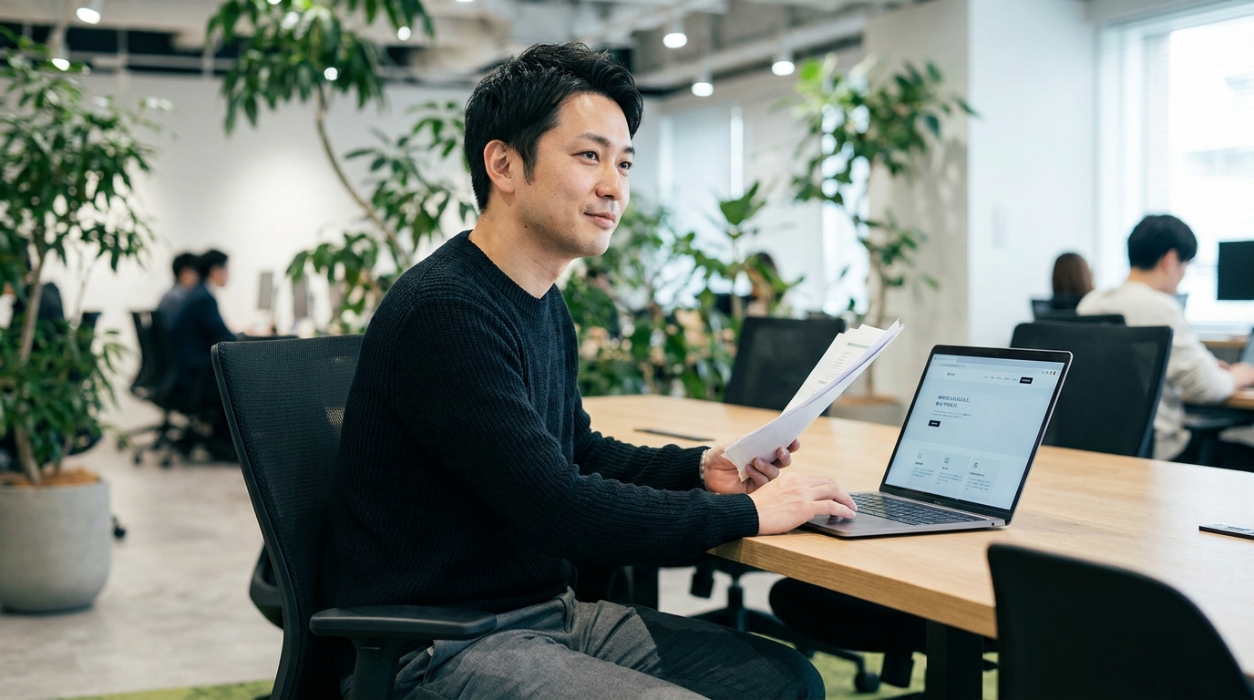 パソコン画面に映るBtoB企業のWebサイト。シンプルなデザインだが情報が整理されており、書類を持ちながら確認している人物の手元が写る