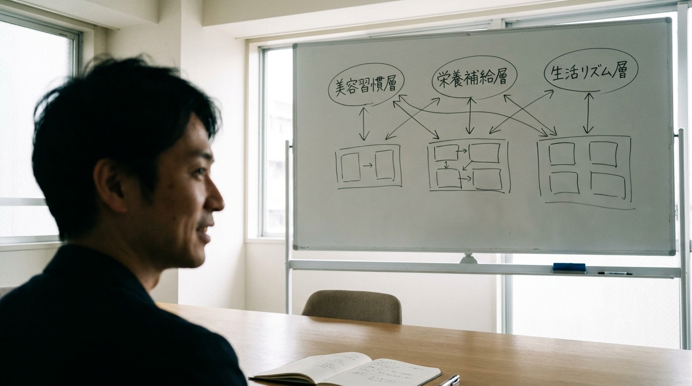 ホワイトボードに「美容習慣層」「栄養補給層」「生活リズム層」と顧客分類が書かれており、それぞれに矢印でページ構成が結ばれている設計図。明るい会議室のシーン