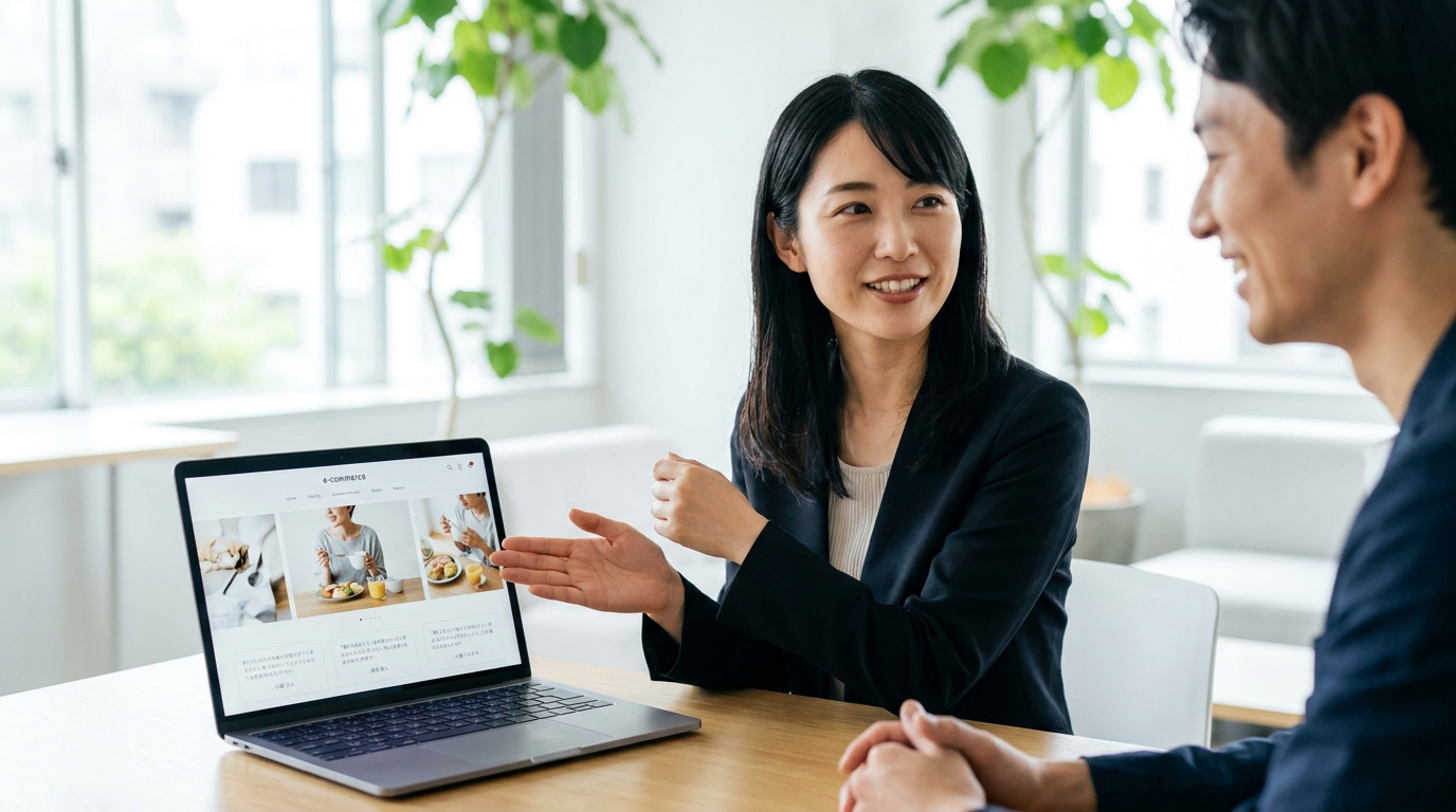 清潔感のある白を基調としたECサイトのモックアップ。商品だけでなく、生活シーンの写真と使用者の一言コメントが組み合わされたページデザイン