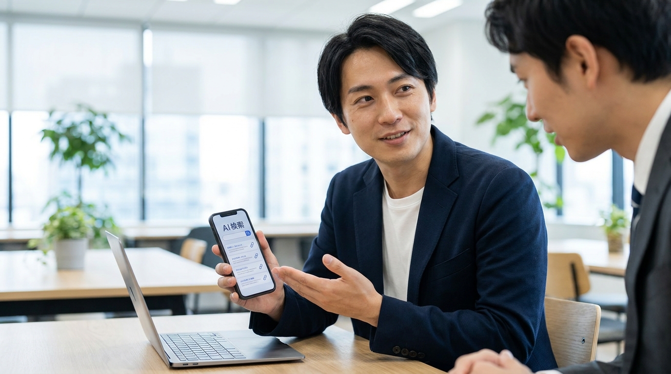 スマートフォンでAI検索を使いながら商品を調べている30代の人物。画面にはAIの回答が表示されており、そこから商品ページへのリンクが表示されている
