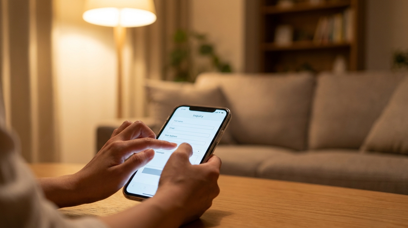 自宅のリビングで、スマートフォンの問い合わせフォームを操作する手元のクローズアップ。温かみのある間接照明