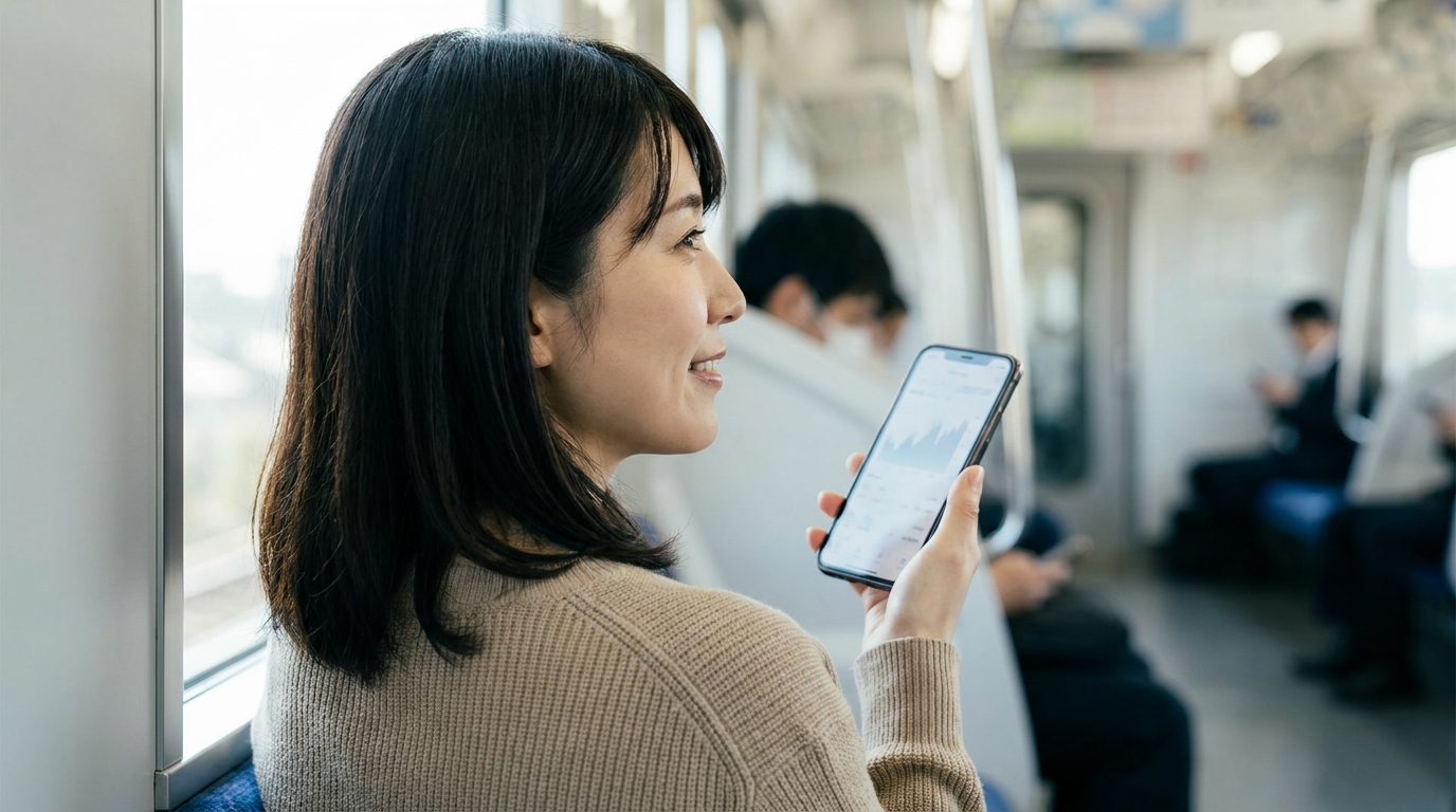通勤電車の中で、スマートフォンのSearch Consoleデータを確認している人物の横顔。窓の外の光が差し込む、落ち着いた朝の雰囲気