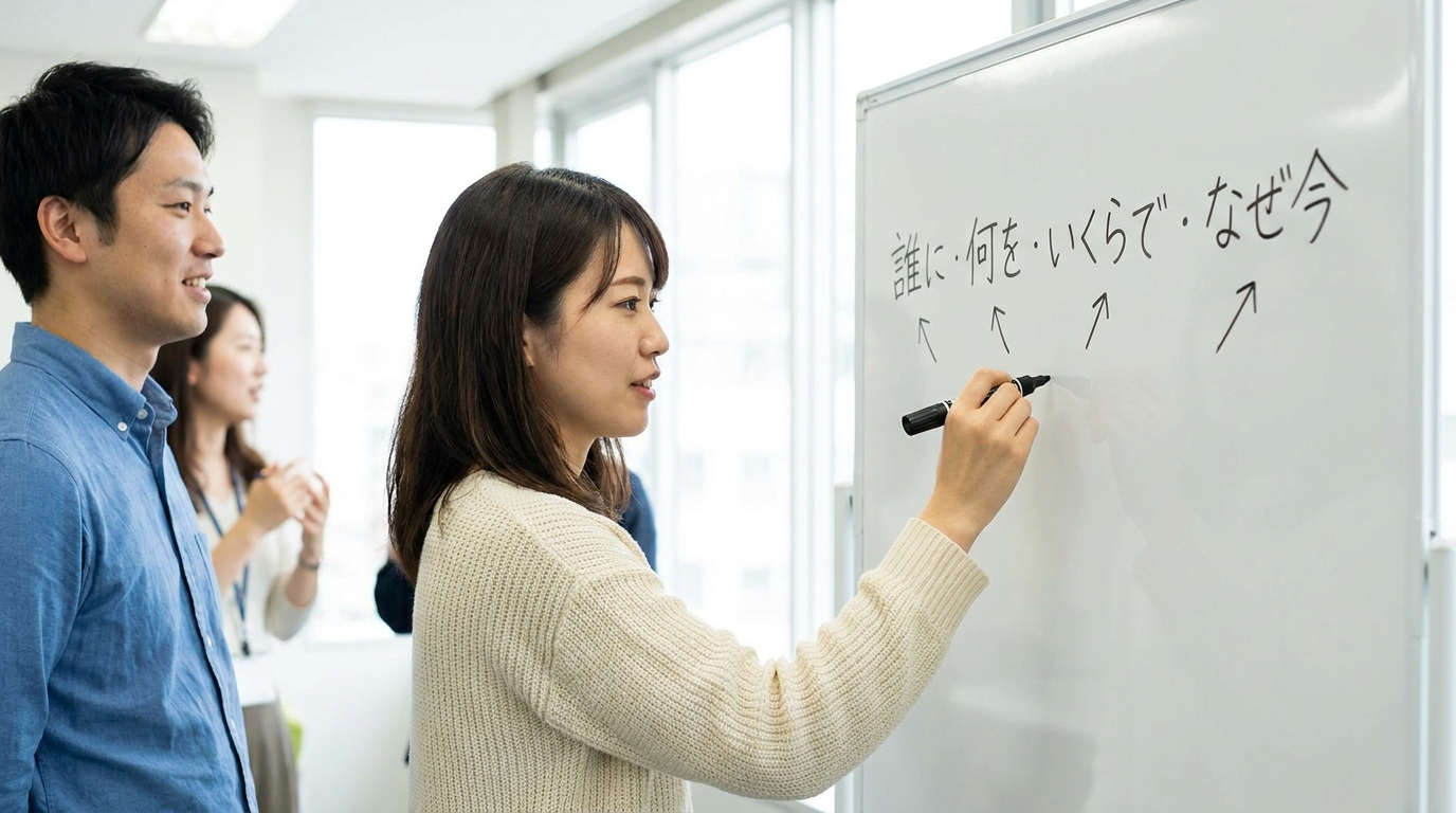 ホワイトボードに「誰に・何を・いくらで・なぜ今」と書かれた4つの問いが並び、その下にマーカーで矢印が描かれている。マーカーを持つ手が次の言葉を書こうとしている場面