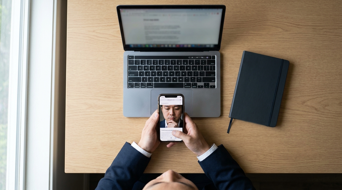 ガラス張りの会議室の外、廊下でスマートフォンを持ち、自社サイトを確認している30代のビジネスパーソン。表情は真剣で、次の行動を考えているような静かな集中感