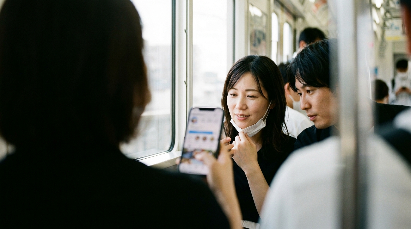 通勤電車の中でスマートフォンを操作し、SNSアプリを開いている30代男女。自然光の差し込む車内