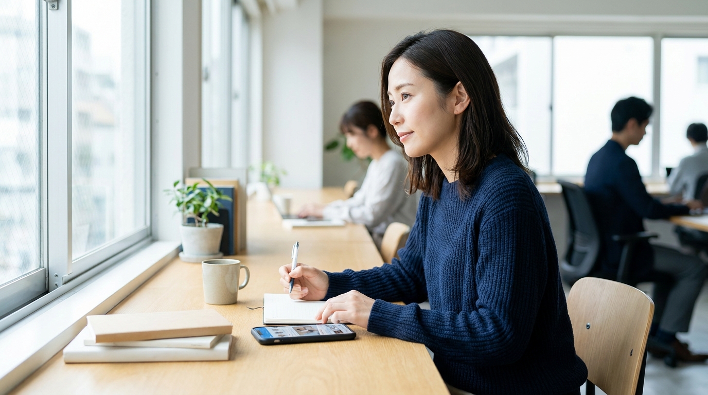 デスクにノートとスマートフォンを置き、SNSアカウントの投稿一覧を確認しながらメモを取る30代のマーケター。整理された静かな作業スペース