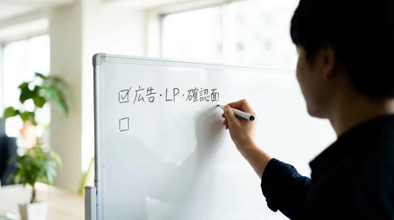 ホワイトボードに「広告・LP・自社アカウントページ」の3点をチェックリスト形式で書き込んでいる担当者の手元。明るいオフィス環境