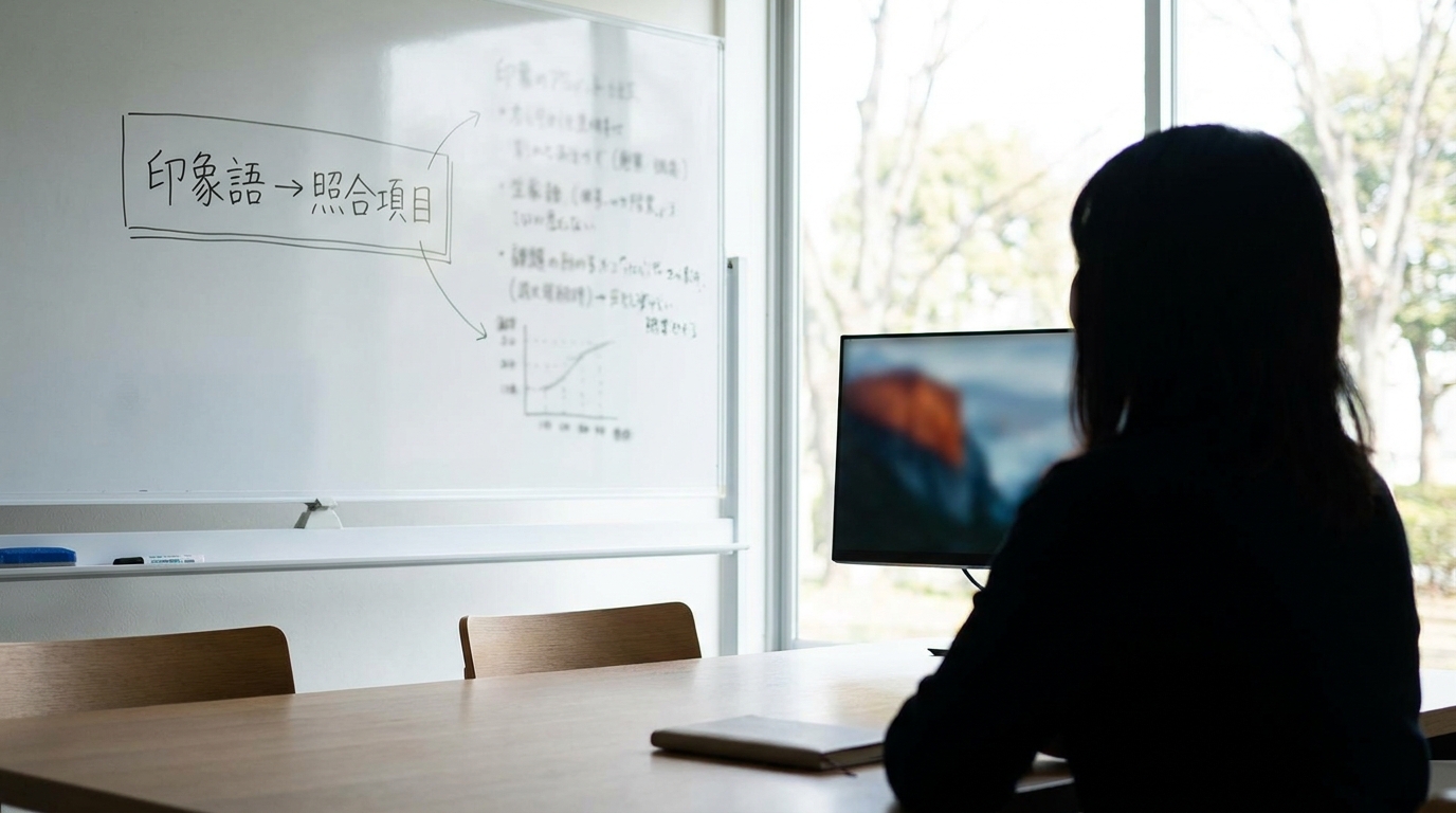ホワイトボードに「印象語→照合項目」の変換表が書かれている、自然光の静かな会議室